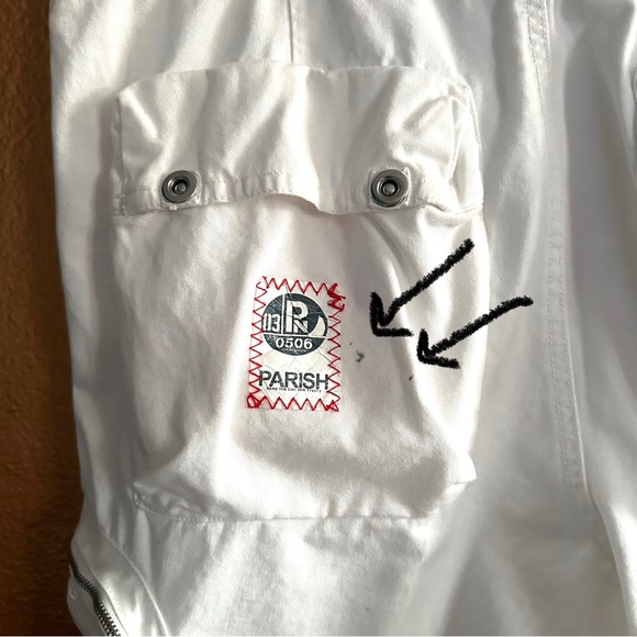 90s Y2K PARISH “SEAS THE DAY” WHITE NAUTICAL CARGO SHORTS. Sz38 - Picture 9 of 10